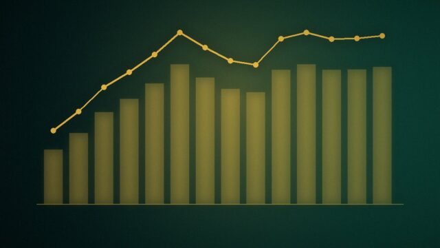 Ilustrim abstrakt: kolona dhe vijë grafiku në tone jeshile e ari