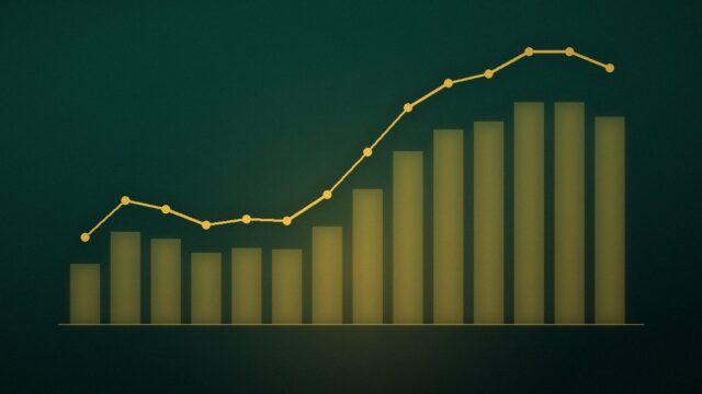 Ilustrim abstrakt: kolona dhe vijë grafiku në tone jeshile e ari