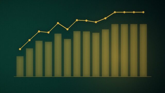 Ilustrim abstrakt: kolona dhe vijë grafiku në tone jeshile e ari