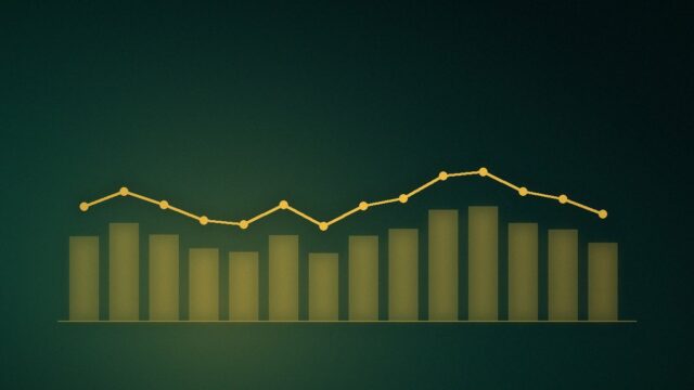 Ilustrim abstrakt: kolona dhe vijë grafiku në tone jeshile e ari